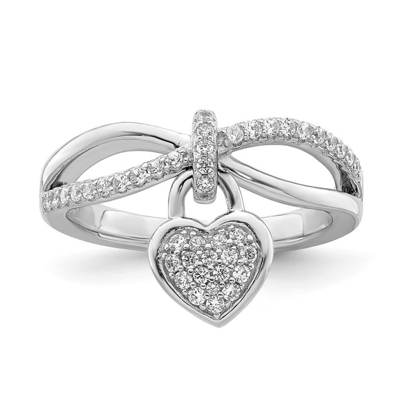 925 Sterling Silver Rhodium-plated CZ Heart Dangle Ring - Picture 3 of 7